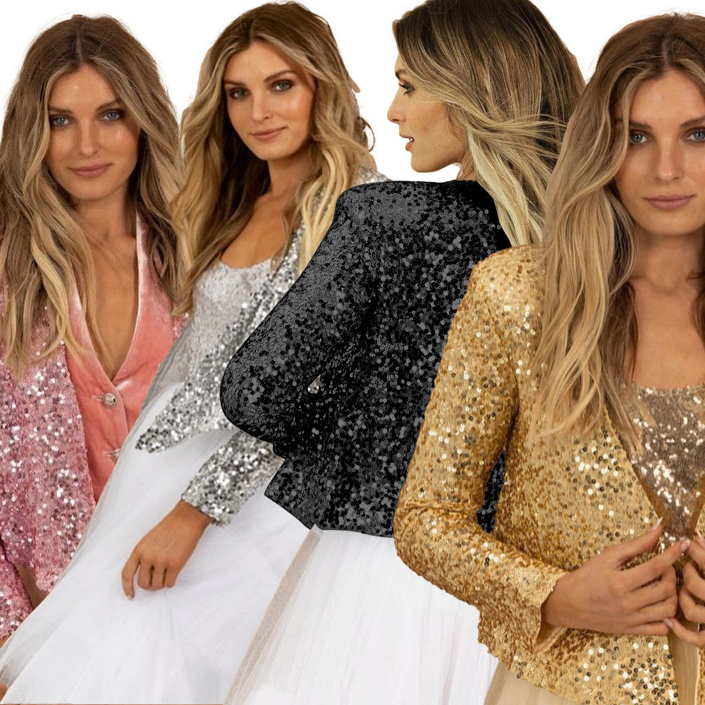 fashion women's color block sequin cropped casual jacket for spring - suitable for , , and  (us & european cross-border e-commerce)