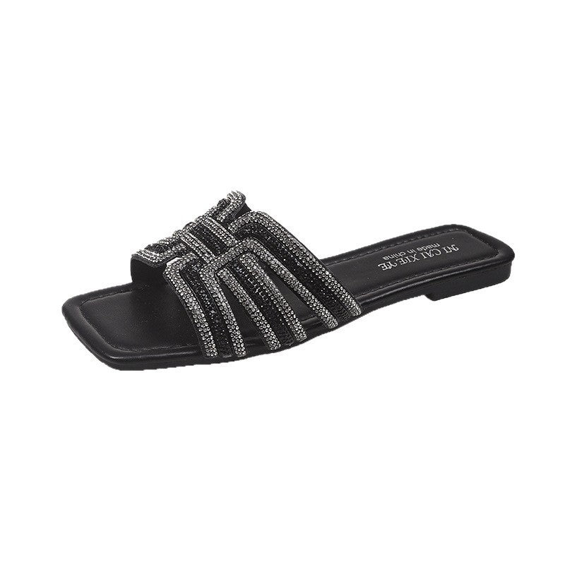 plus size cross-border flat slippers women's summer outwear full diamond one-line casual beach vacation sandals women's wholesale