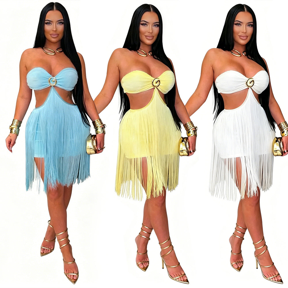 C7741 cross-border    new women's bandeau tassel mini dress nightclub party dress