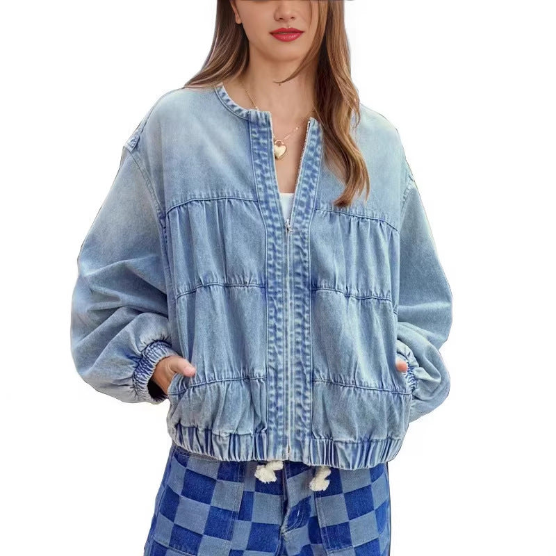 fashionnew arrival cross-border  round neck zipper denim outwear washed looseshort denim jacket for women