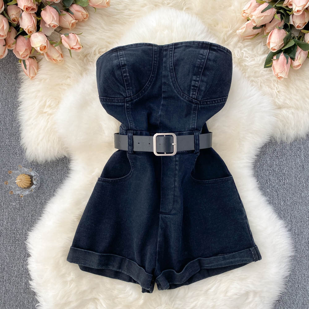 Tube topworkwear jumpsuit women's new arrivalhigh waistslimming look wide leg shortspetitescasual jumpsuit hot girl pants