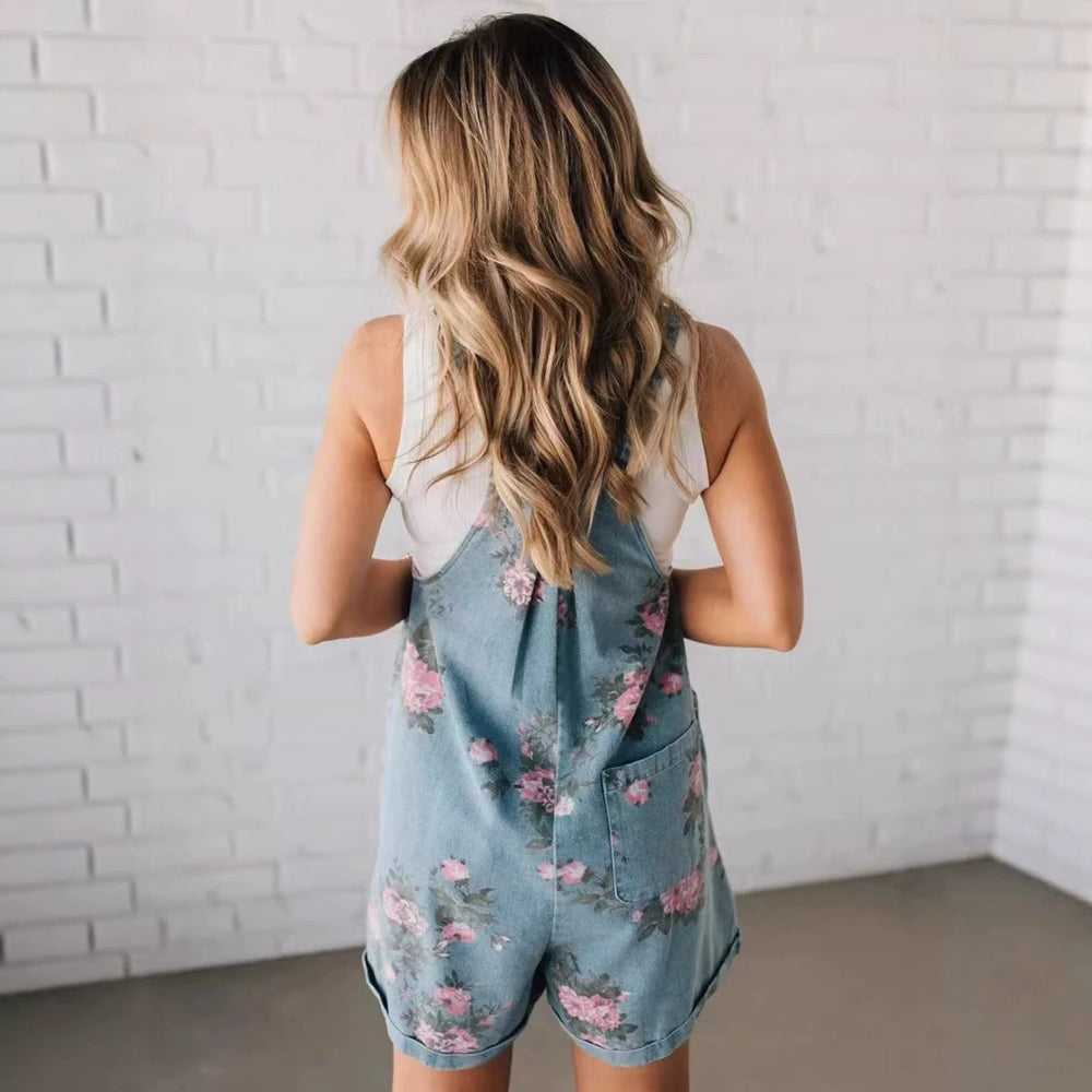 european and american cross-border  overalls fashion denim floral print casual sleeveless overalls jumpsuit for women
