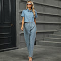 European and american cross-border women's summer new arrivals:  independent site washed cropped top + pearl pants set - trendy style