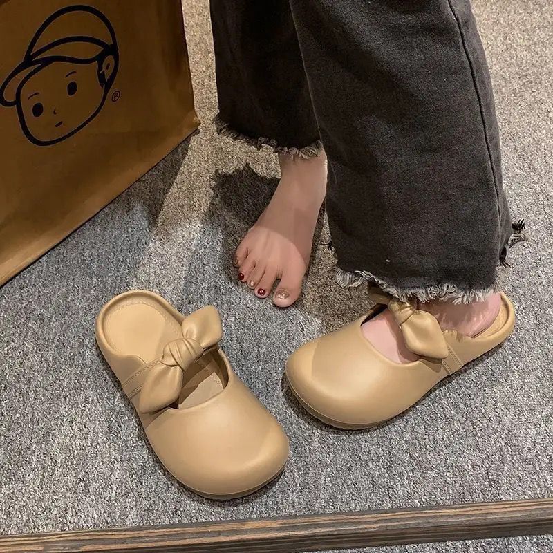 Bow-tie heeled slippers for women, perfect for summer wear. new 2024 style, these slip-on slippers are soft-soled, ideal for lounging at home or as stylish outdoor footwear