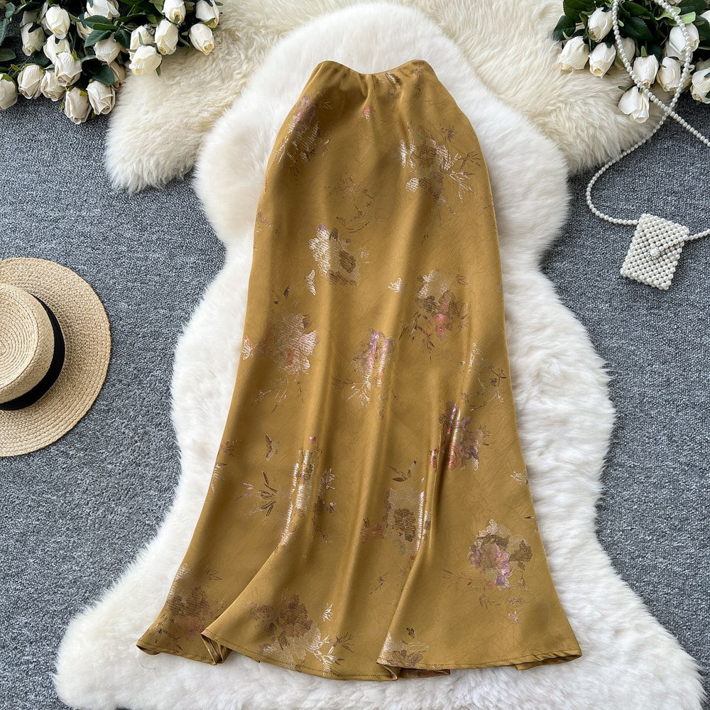 Lightly mature style classy sense hot stamping printing fishtail skirt for women 2025 summer high waistslimming look satin hip mid-length skirt