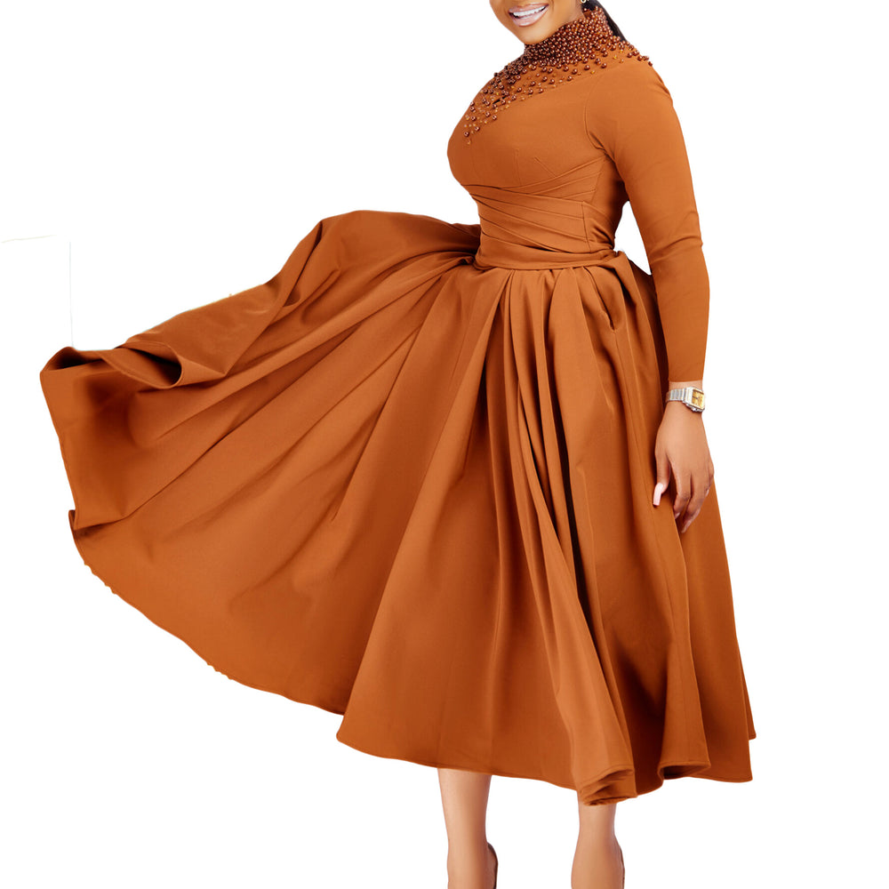 D454  foreign trade women's new fashion high neck elegant beaded flared dress fitted waist african dress