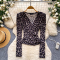 Sophisticated leopard print v-neck shirt: breathable, skin-friendly, long-sleeved top for women - perfect for summer, work, and a slimming, versatile look