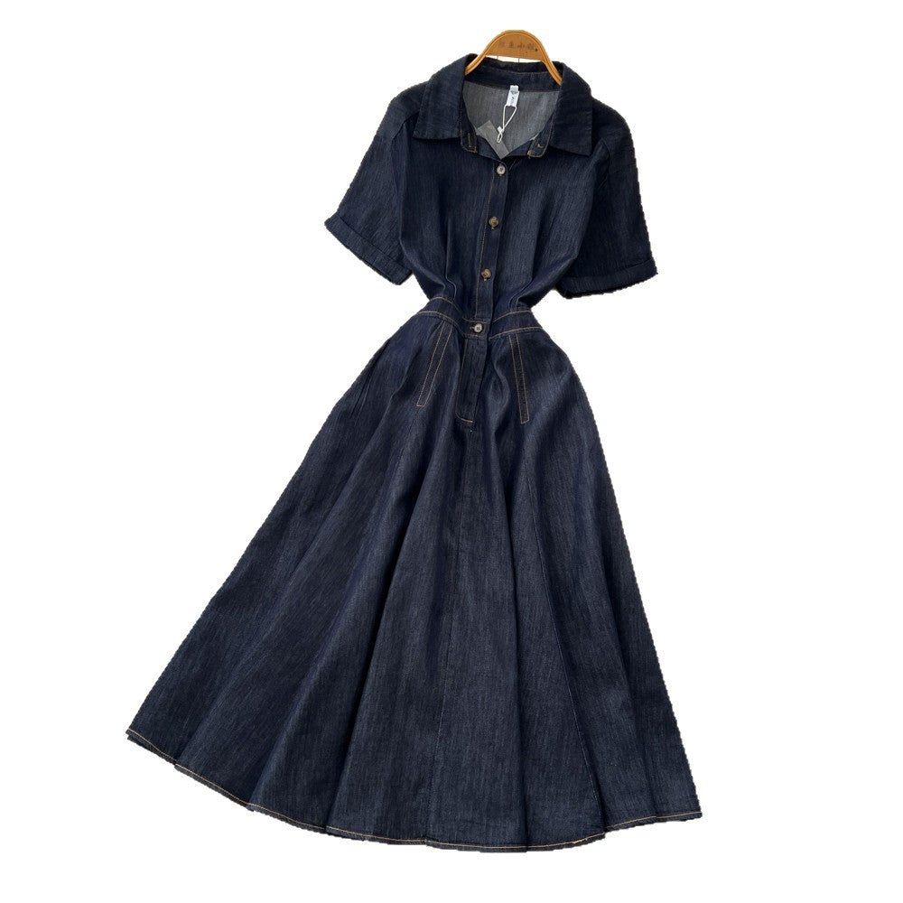 Retro denim style lapel short sleeve a-line dress women's early spring k-style waist slimming lookelegantwork clothing skirt
