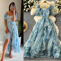 Organza square neck puff sleeve dress women's french elegant fairy waist ruffles puffy vacation long skirt