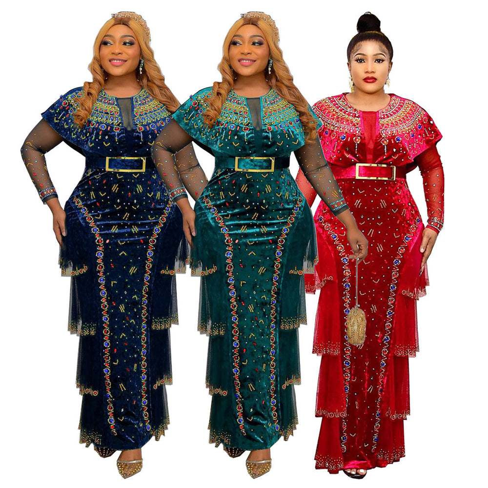 supply of luxury hot diamond beading round neck long sleeves dress gold velvet dress african fashion women's clothing