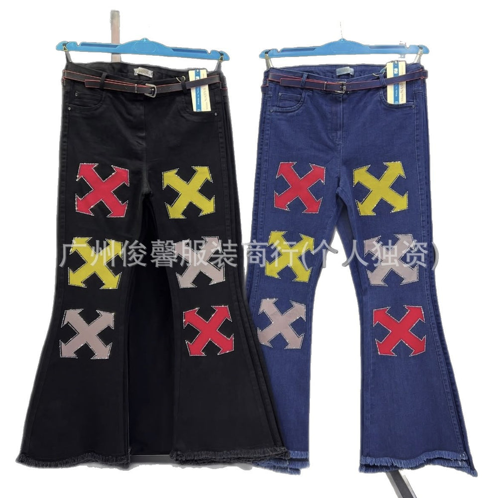 Boyfriend jeans availablenew arrivalheavy industry embroider hot diamond wide leg jeans women's straight-leg pants
