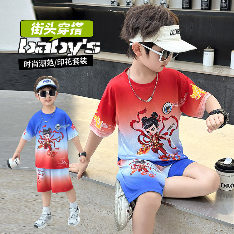 Summer little nezha short-sleeve set : new baby summer outfit, boys' sports two-piece set, quick-dry kids' clothing