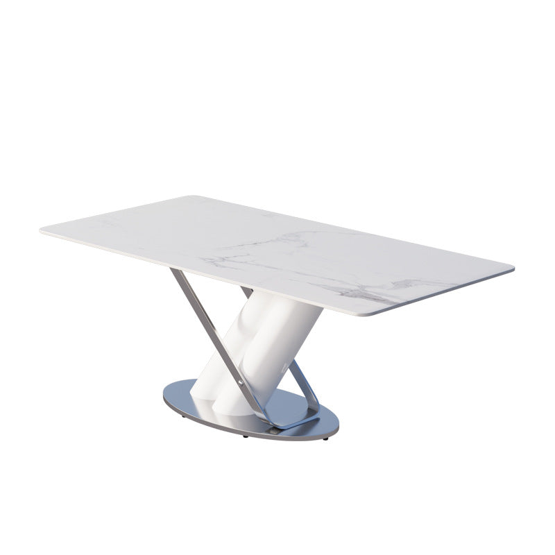 Direct from the factory: customizable, small-space, modern minimalist dining table with a luxurious rock slab top and stainless steel frame