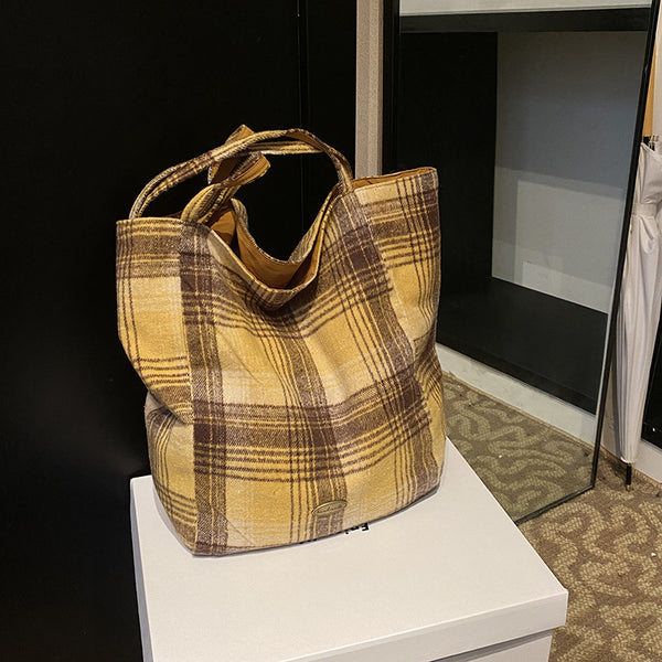 Yellow woolen plaid dual-purpose bag 2025 autumn and winter new tote bag large-capacity casual shoulder bag dual-purpose