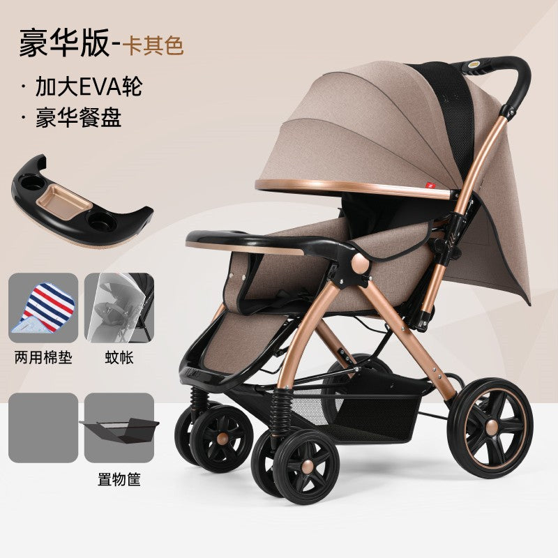 High-view stroller, convertible reclining, foldable four-wheel shock absorbing pram, two-way baby stroller for infants and toddlers