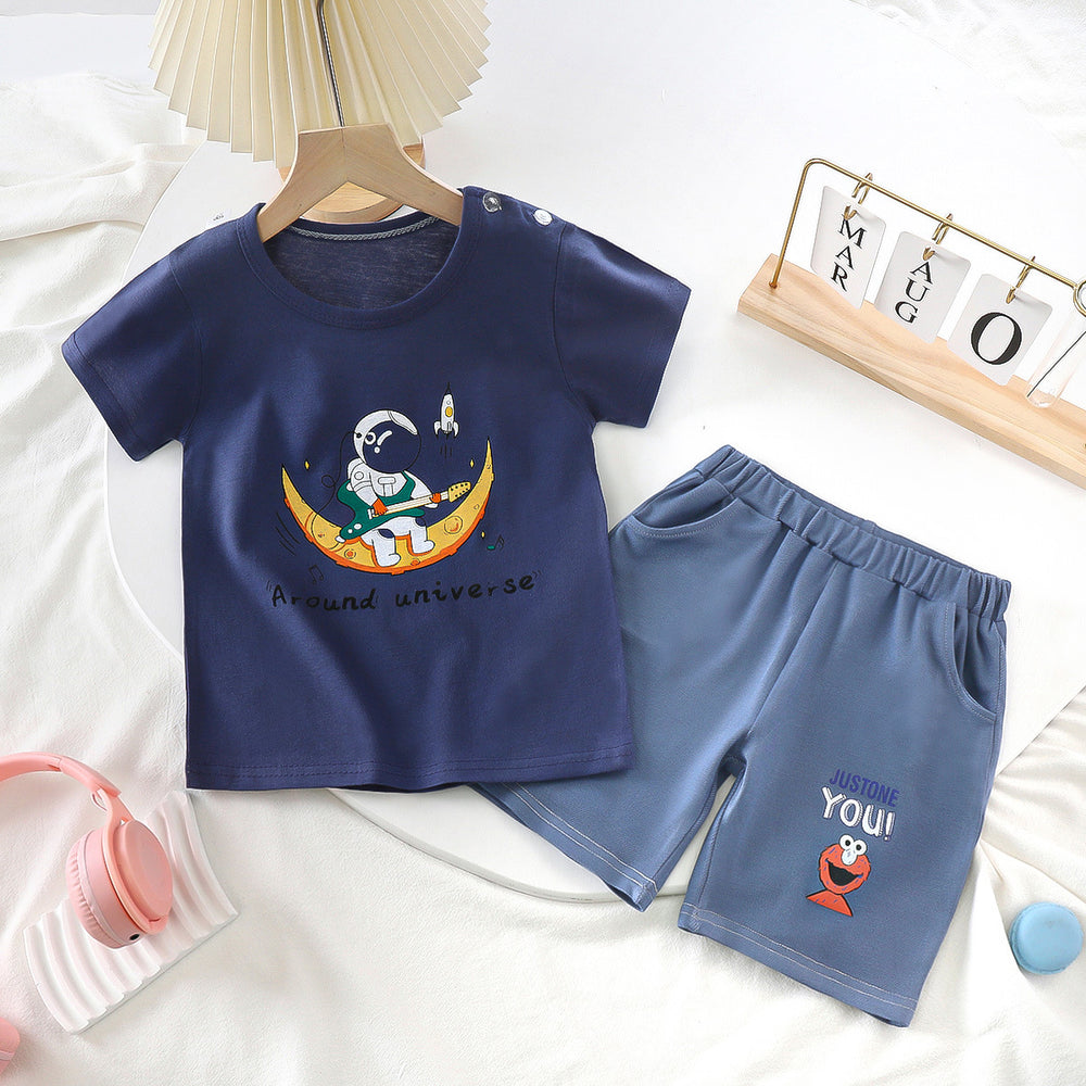 summer kids' short-sleeve set: toddler & children's pure cotton denim casual short-sleeve & shorts two-piece outfit - dropshipping available