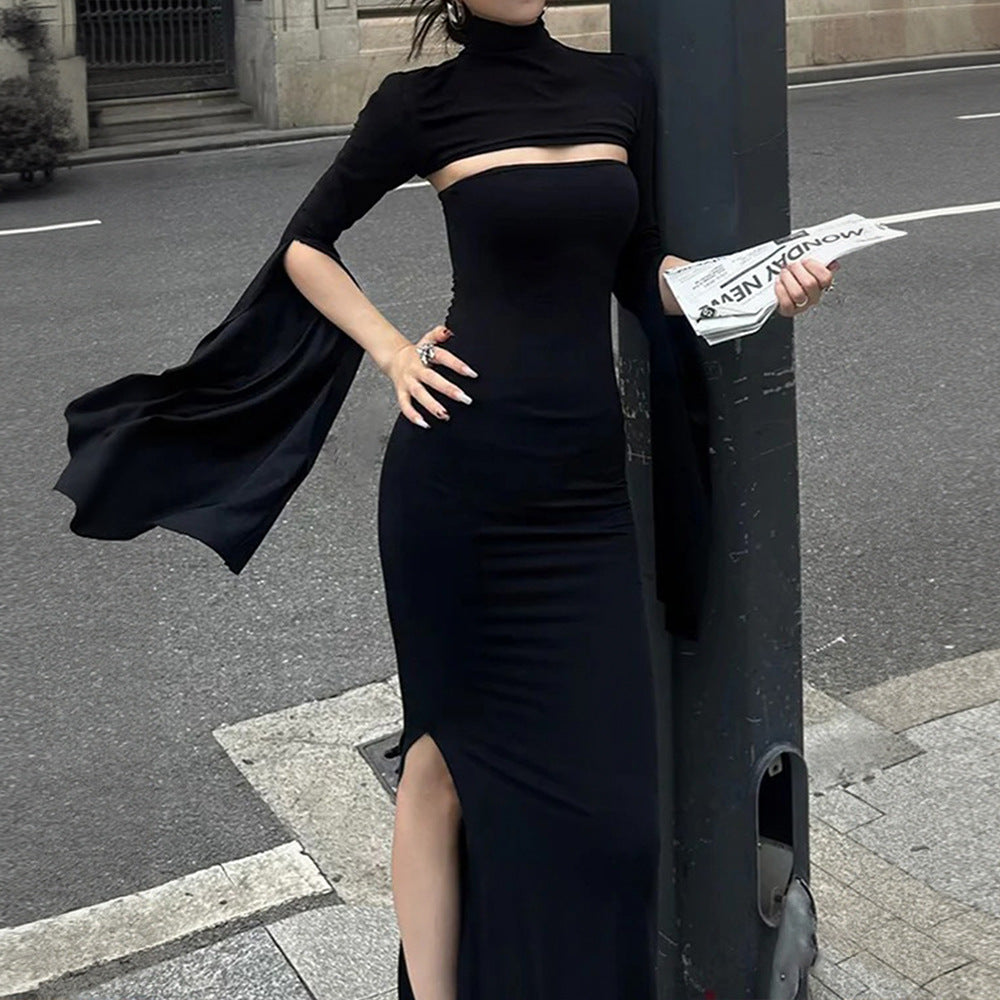 European and american niche design high-end black slim-fit mermaid dress with high neck, cutouts, slit, and slimming long dress