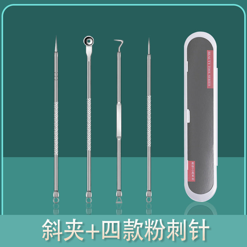 Ready-to-ship wholesale stainless steel blackhead remover kit, including blackhead extractor, comedone remover, and acne needle 4-piece set, beauty tools for tiktok