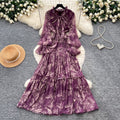 French chic bow print dress - women's spring/autumn long sleeve v-neck a-line maxi dress - slim fit & figure flattering