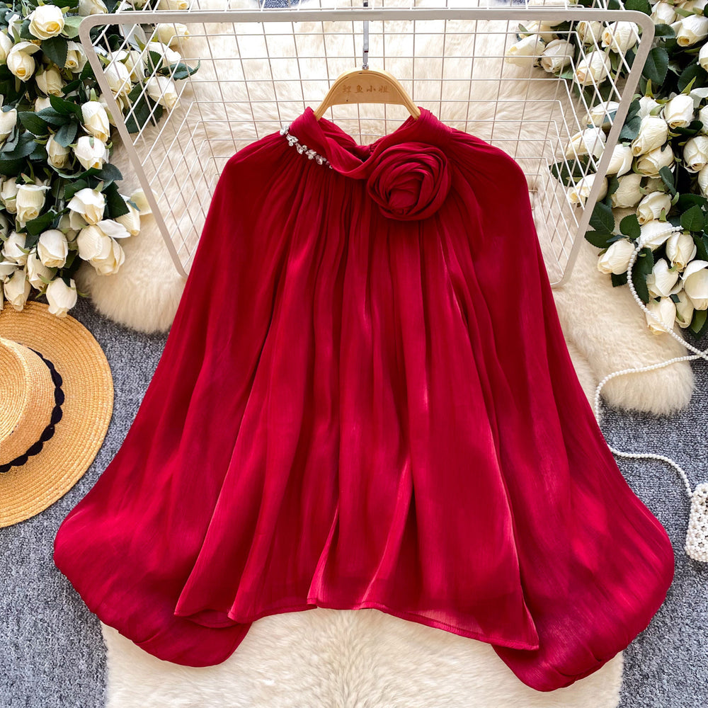 Gentle wind red bell sleeve satin pleated shirt women's spring summerlooseslimming lookfrenchelegantwork clothingtops