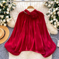 Gentle wind red bell sleeve satin pleated shirt women's spring summerlooseslimming lookfrenchelegantwork clothingtops