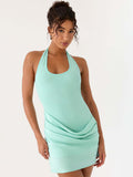 summer new sleeveless halter u-neck patchwork satin shirred bodycon mini dress