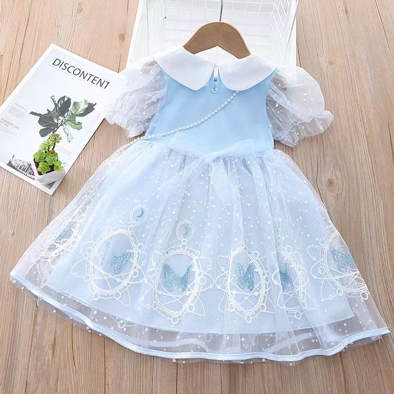 Girls' elsa princess dress,  summer collection, kids' frozen-inspired chic mesh dress, baby short-sleeve dress