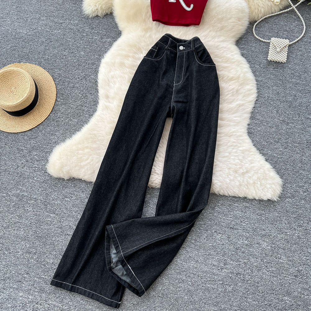 American style women's summer outfit: sexy & spicy letter embroidered sleeveless bandeau top with high-waisted denim wide-leg casual pants