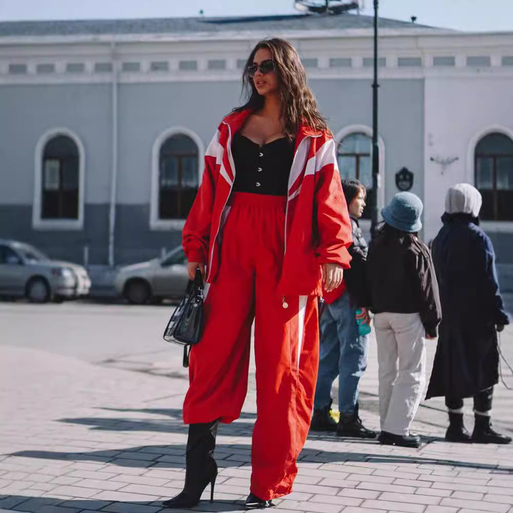 European and American loose casual women's clothing fashion contrasting colors long-sleeved sports cardigan trousers two-piece set women's trousers set women