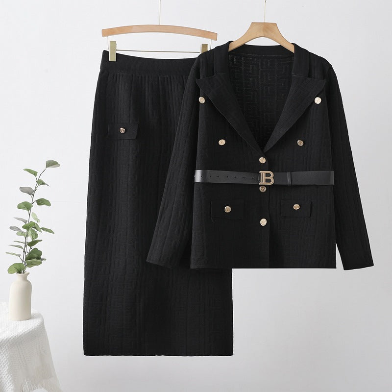 new european and american fashionable and elegant herringbone jacquard knitted export two-piece knit set dress