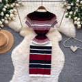 Korean style color block striped knit dress - women's 2026 summer slim fit short sleeve a-line dress - commute chic