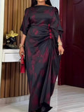 New african batwing sleeve crew neck dress - loose fit printed drawstring waist slimming maxi dress bubudress