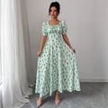 new cross-border french style bubble sleeve v-neck floral print women's dress
