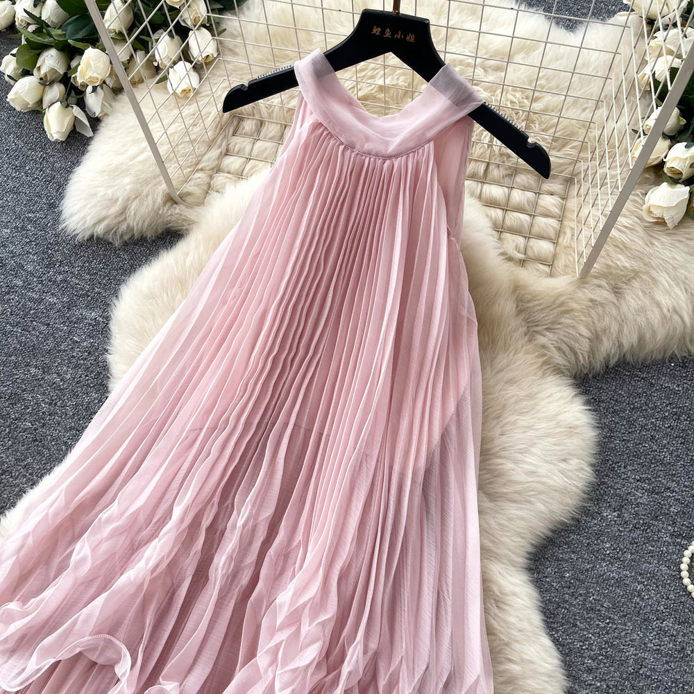 French halter sleeveless sweet age-reducing pleated dress women's summer high waist cake skirt fairy vacation style long skirt