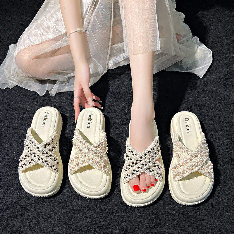 Women's summer sandals: new platform wedge slides, versatile chic style, pearl-embellished criss-cross thong sandals, trendy ins style