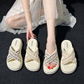 Women's summer sandals: new platform wedge slides, versatile chic style, pearl-embellished criss-cross thong sandals, trendy ins style