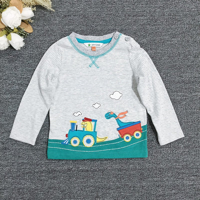 Boys' dinosaur train appliqué long-sleeve t-shirt, baby striped color block crew neck top, soft spring/autumn baby top