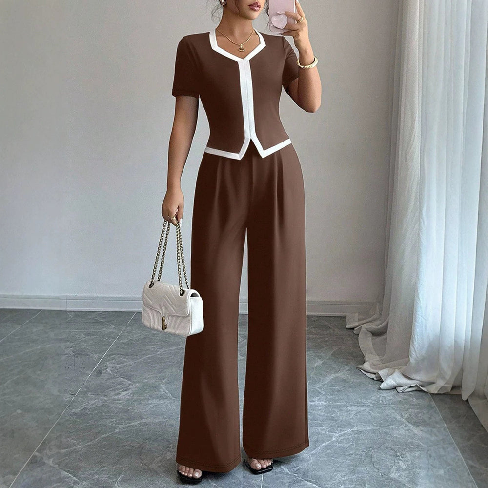 fashionsummernew arrivalcontrast colorv neck short-sleeved topsloose pantssuitwork clothingeleganttwo-piece set