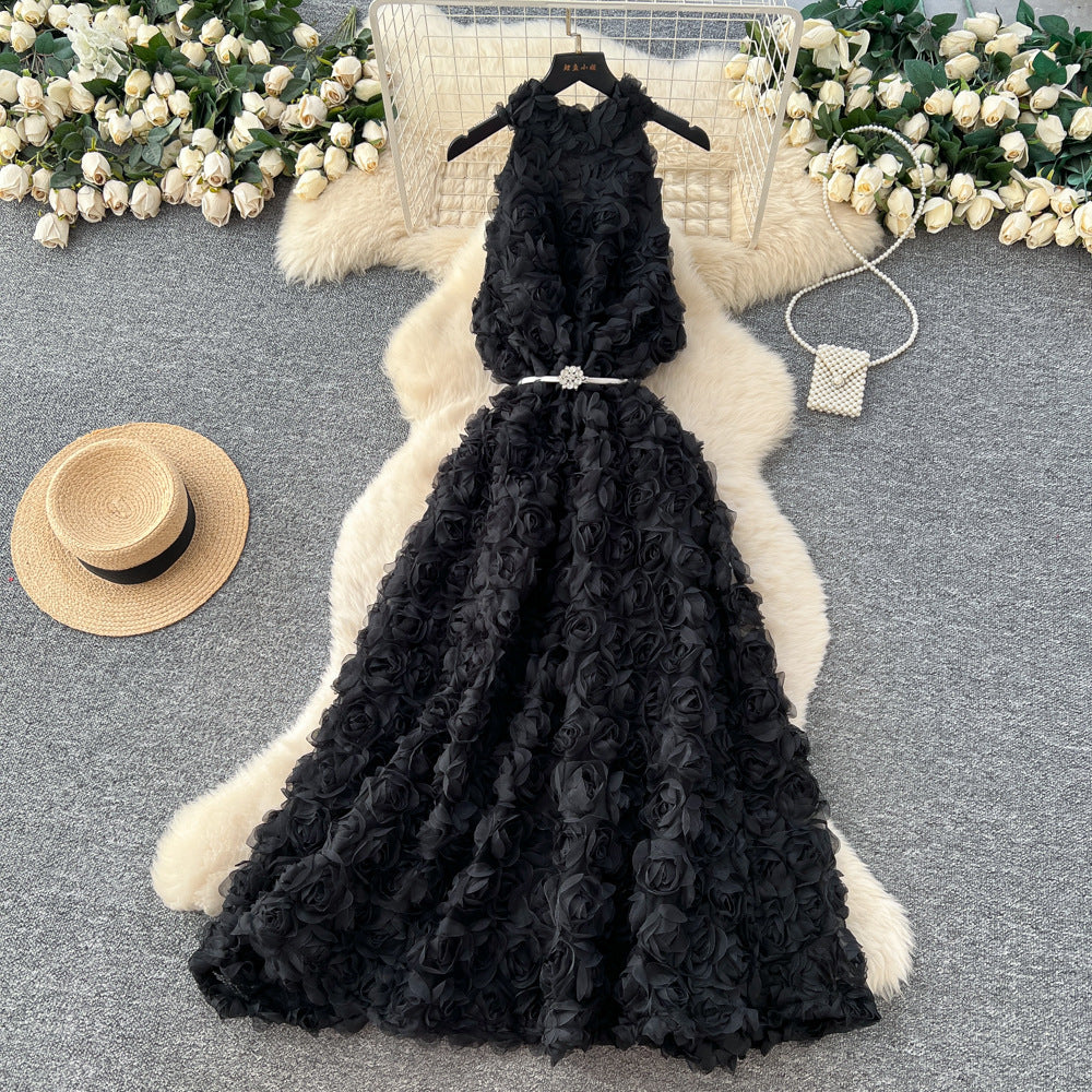 Frenchclassyfashionstereo flower halter sleeveless dress women's strappy waist slimming lookelegant large swing long skirt