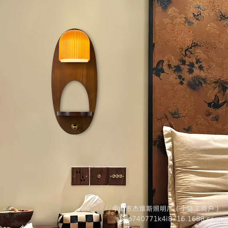 Retro solid wood oval wall lamp with vertical pattern and translucent glass b&b guest room bedside aisle new chinoiserie atmosphere