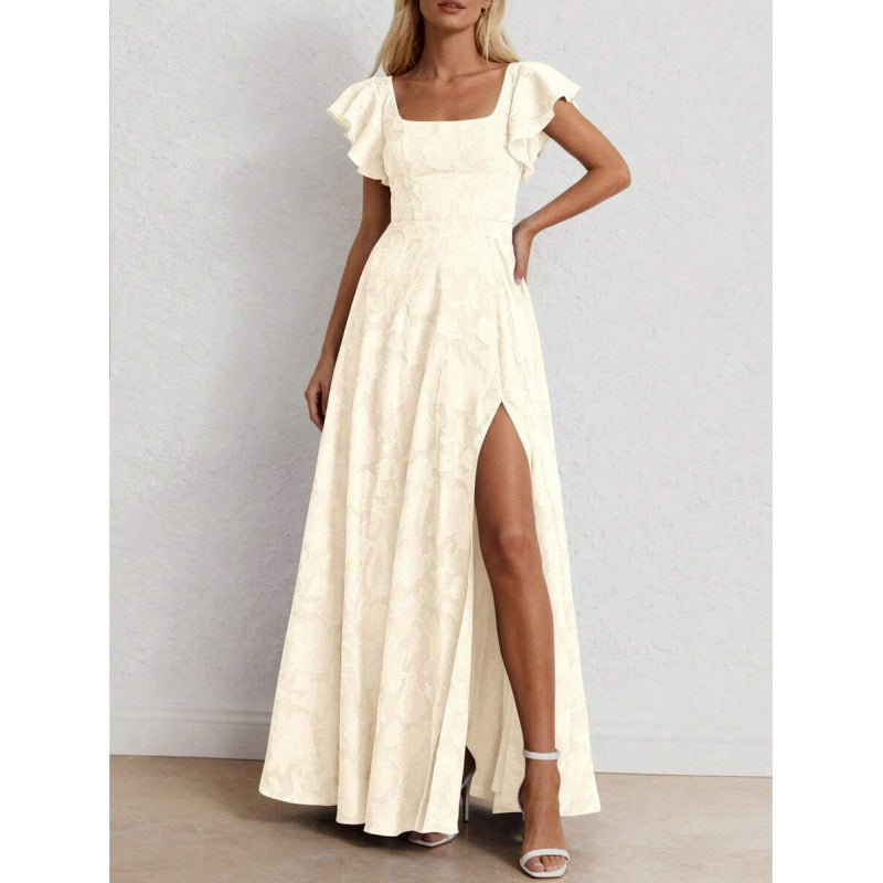 fashion:  summer new arrival - elegant ruffle sleeve floral slit maxi dress for women (us/eu)