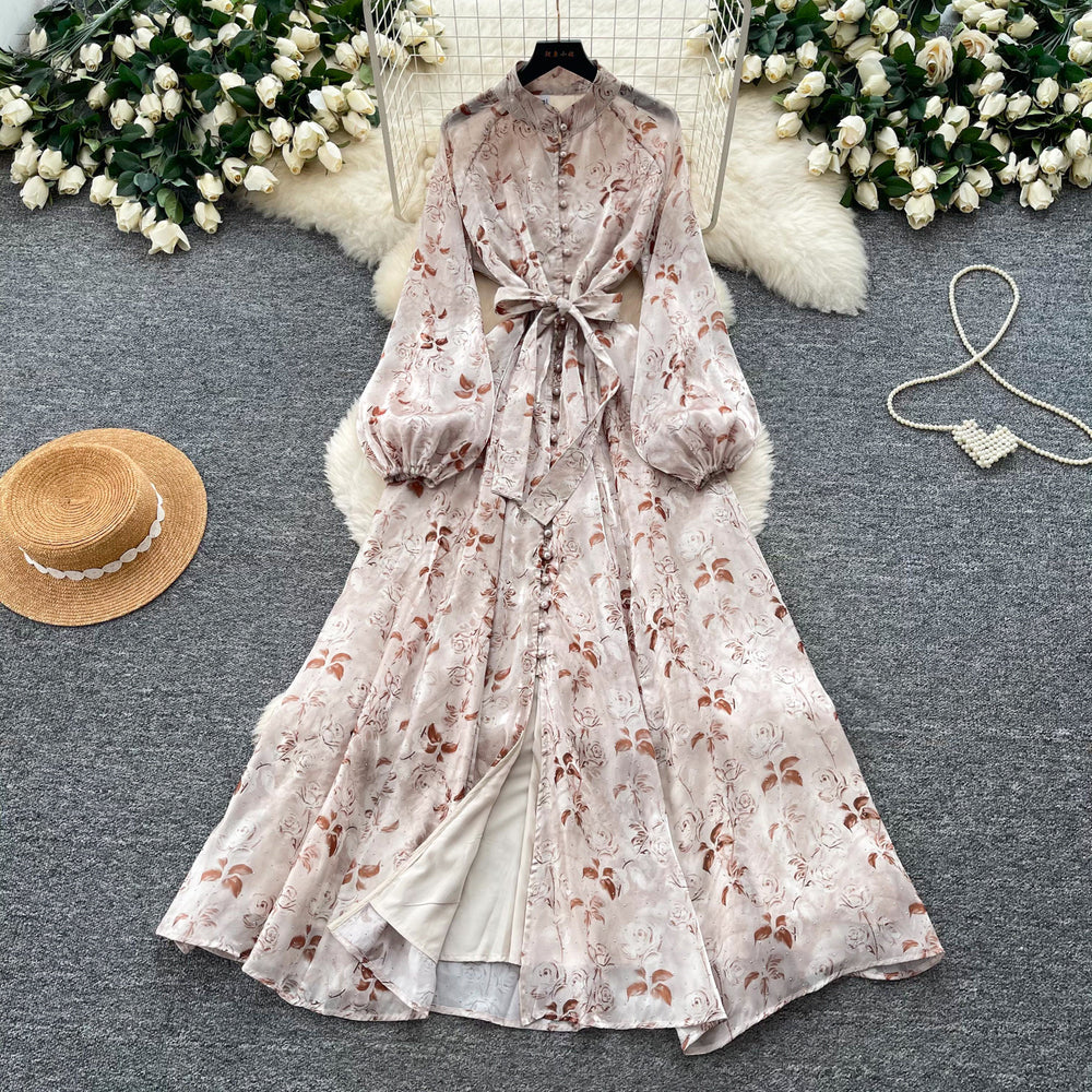 Frenchromantic style lantern sleeve printingdress female k-style waist slimming look a-line long skirt work clothingelegantelegance