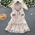 Frenchromantic style lantern sleeve printingdress female k-style waist slimming look a-line long skirt work clothingelegantelegance
