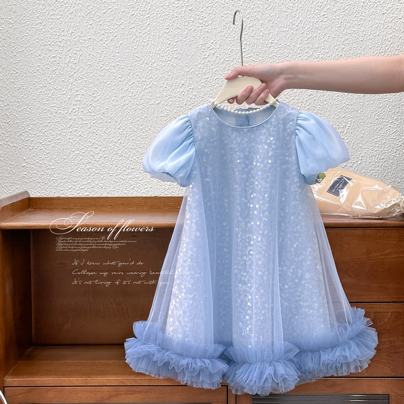 Girls' sleeveless sundress - new summer  collection: mesh "frozen" style dress with puff sleeves - perfect for parties and special occasions