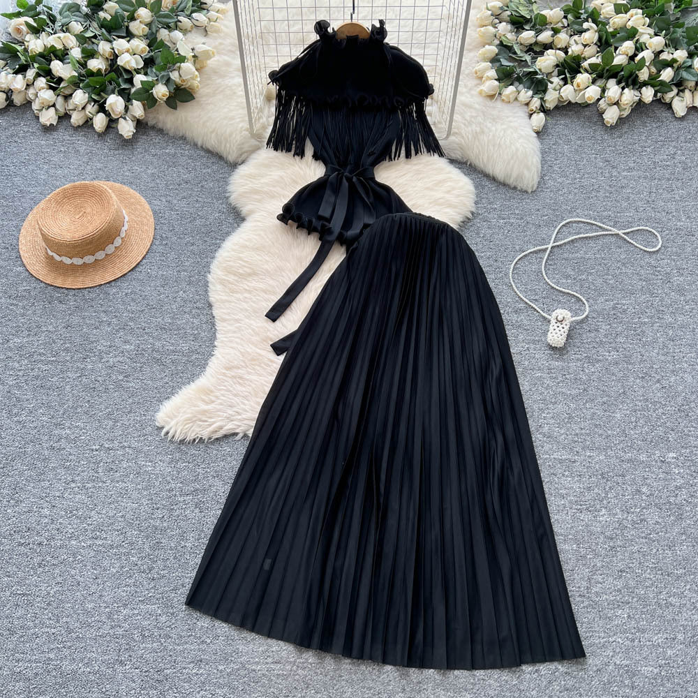 Miya pleated suit women's sense of design strappy waist tassel pleated topshigh waistpleated skirttwo-piece set