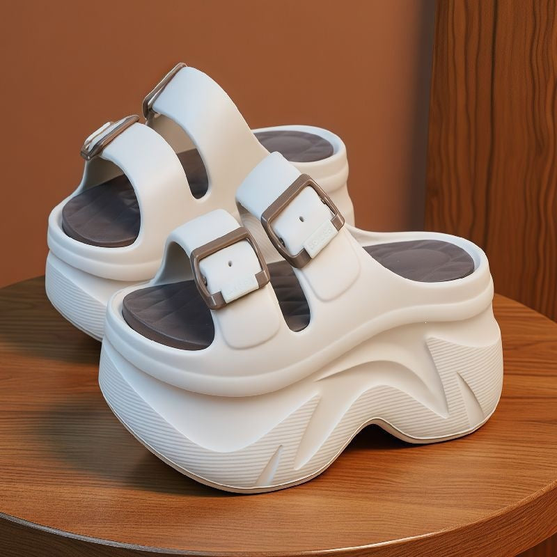 Fashion wedge sandals and slippers double strap heightening k-style women's summer ins trendy elegant buckle stepping on shit feeling easiest for matchthick sole