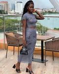 European and american cross-border women's fashion  summer new sexy hot girl mesh see-through letter print short sleeve dress set