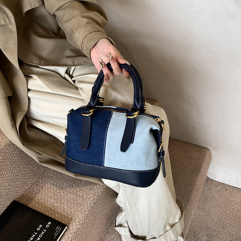 Foreign order denim bag women's versatile 2025 new casual messenger bag contrasting color portable Boston bowling bag