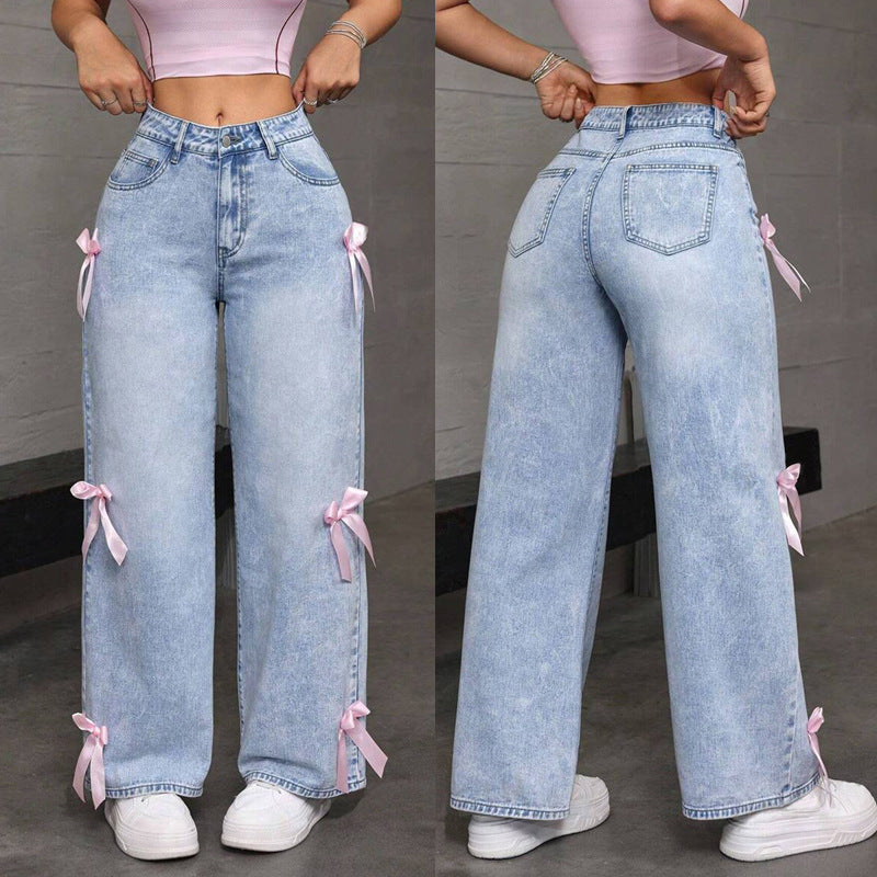 hot selling jeans women's straight-legbowspants street hot girl loose washed jeans
