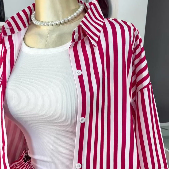 European and american cross-border women's clothing  summer new arrival: elegant casual color block striped turn-down collar shirt and high-waisted pants set